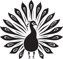 Black vector of a peacock with fanned tail feathers