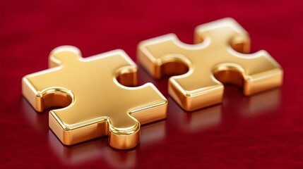 Golden Puzzle Pieces Connecting on a Rich Red Background Symbolizing Problem-Solving and Collaboration