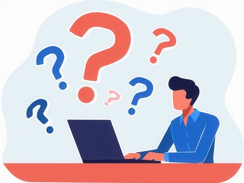 Question Mark and Problem Solving Concept. A person using a laptop with floating question marks, symbolizing brainstorming, problem-solving, and finding answers to business FAQs..