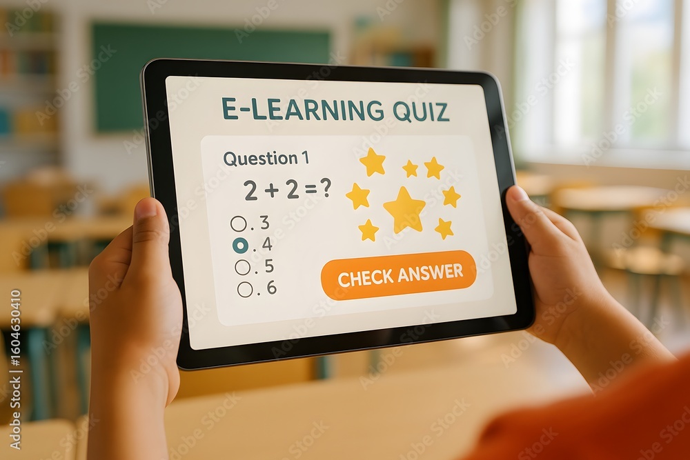 Poster a person holding a tablet and doing an e-learning quiz in a classroom setting. the quiz interface di