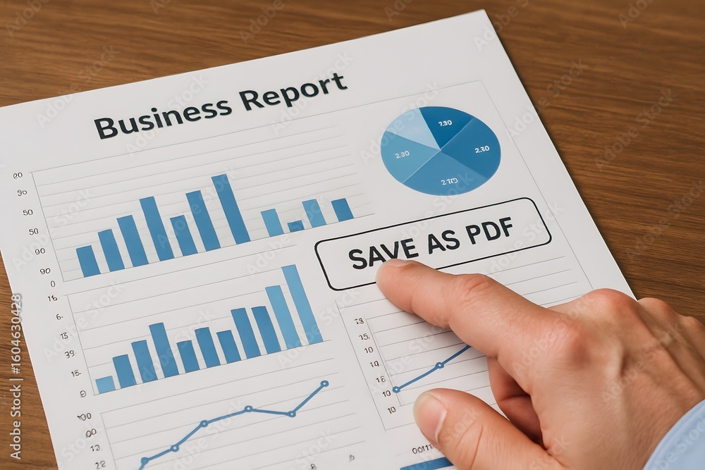 Poster analyzing a business report, a person's hand is pointing to the save as pdf button, signifying the i