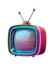 Retro television with neon lights isolated on transparent background