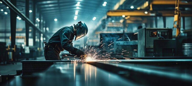 Safety and expertise: An industrial worker employs an arc welder in a manufacturing environment.