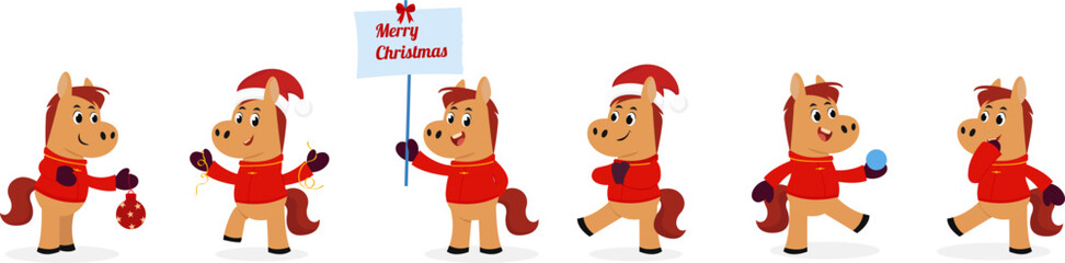 Set of cartoon horse character in Santa hat and red coat with festive attributes.