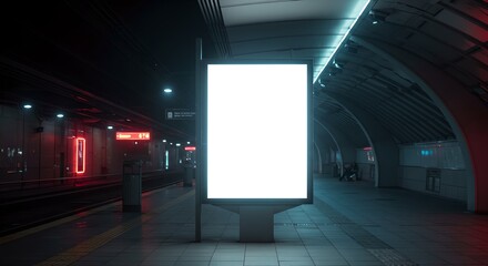 Empty White Billboard Near Metro Station with Neon Night Reflections.
