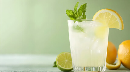 Fototapeta premium A glass of lemonade with lemon and lime slices and mint garnish on a light wooden surface against a pale green background.