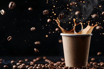 Coffee splashing in disposable cup with coffee beans falling