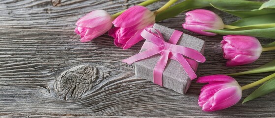 The charming gift nestled among vibrant pink tulips on rustic wood.