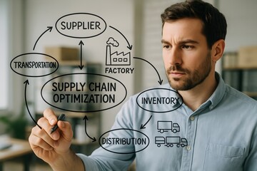 Business expert drawing supply chain optimization diagram with marker 