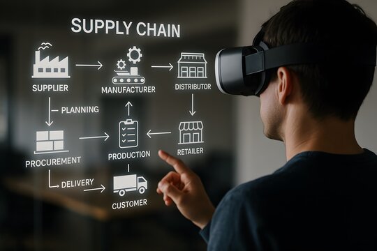 A person wearing a VR headset interacts with a graphic of a supply chain