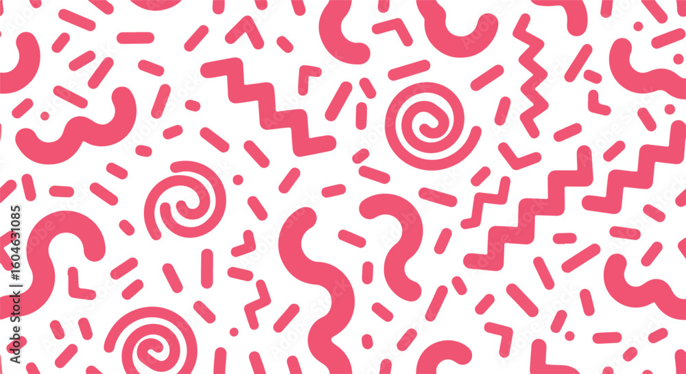 Poster retro memphis style pattern with swirls and zigzags isolated on transparent background