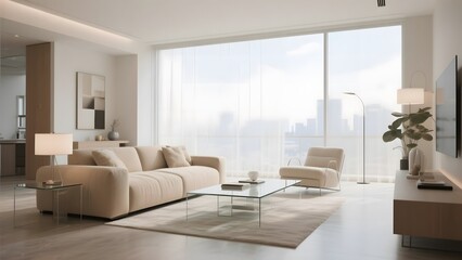Fototapeta premium Modern Living Room with Large Windows and City View