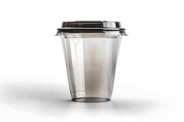 Empty plastic cup with lid standing on white background