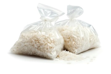 Plastic bags containing white rice grains on white background