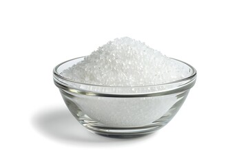 Glass bowl overflowing with refined white granulated sugar on white background