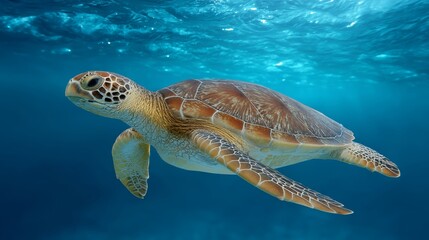 Obraz premium Graceful Turtle Swimming in Clear Blue Waters under Shimmering Sunlight