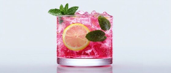 The vibrant cocktail with mint and lemon garnishes in an ice-filled glass.
