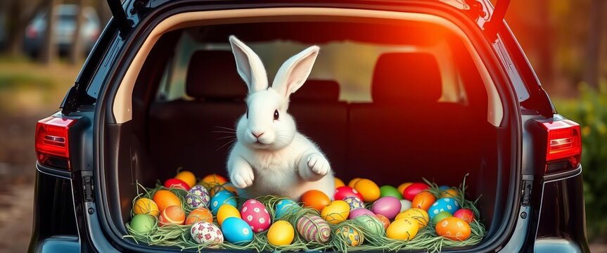 White Easter bunny emerging from car trunk overflowing with colorful eggs,  basket,  car