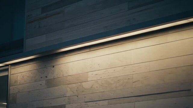 Subtle illumination from a sleek, linear light fixture mounted above a horizontally-laid, light-toned stone wall.  A dark glass panel is partially visible to the left