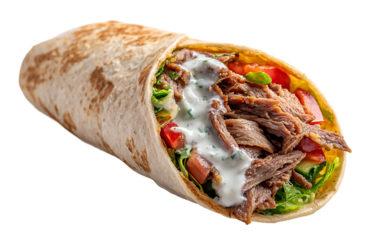 A savory shawarma wrap filled with grilled meat and fresh vegetables isolated on transparent background