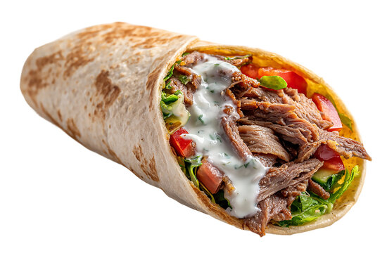 A savory shawarma wrap filled with grilled meat and fresh vegetables isolated on transparent background