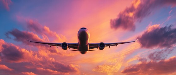 The airplane soaring through a dramatic sunset sky with vibrant clouds.