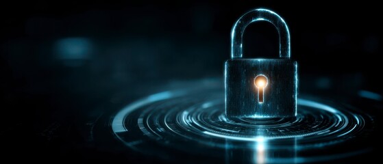 A glowing padlock hovers over a digital circular interface, symbolizing cybersecurity and data protection in a futuristic, dark blue environment.
