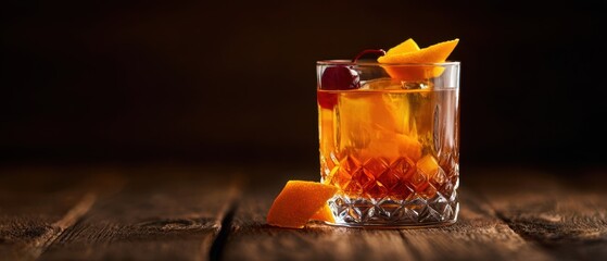 The refreshing cocktail with orange and cherry served in a stylish glass.