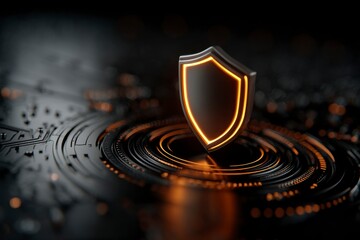 A glowing digital shield icon symbolizing cybersecurity and data protection, surrounded by a futuristic circuit board design.