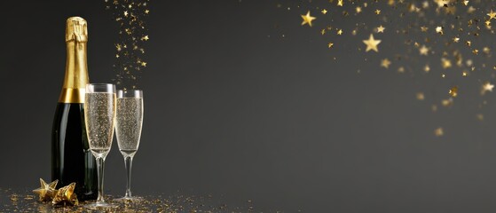 The sparkling champagne bottle and glasses for a festive celebration.