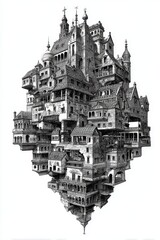 Obraz premium Complex medieval city floating above blank background, architectural concept art
