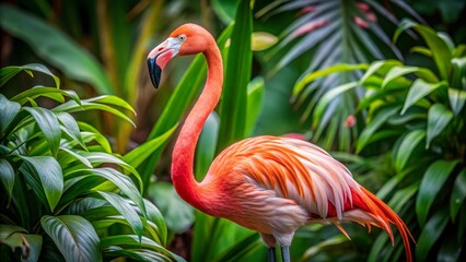 Pink flamingos stand gracefully in the zoo, their long necks and vibrant feathers reflected in the water, embodying the beautiful wild nature of these exotic birds