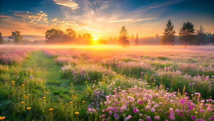 Obraz premium Golden sunrise over a misty meadow filled with wildflowers