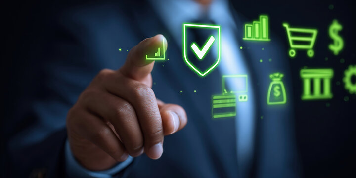 Secure online payment concept showing a businessman authenticating a digital credit card transaction, highlighting fintech innovation, financial security, encryption, and global ecommerce trends