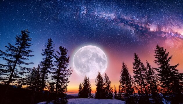 full moon with stars at colorful night sky and fir trees