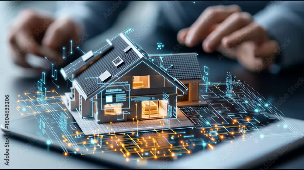 Poster smart home technology with digital house model and glowing circuit tablet screen, innovative design 