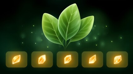 Illustration of Green Leaves with Glowing Golden Accents on Dark Background Symbolizing Energy Upgrade