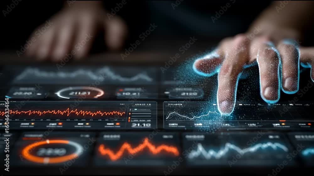 Poster interactive data dashboard with hologram hand control technology displaying dynamic finance charts a