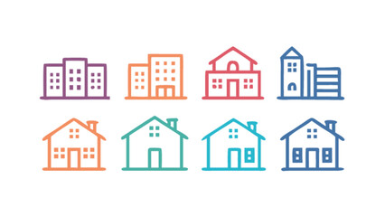 Fototapeta premium Colorful real estate property buildings homes apartments houses and architecture vector line art illustration
