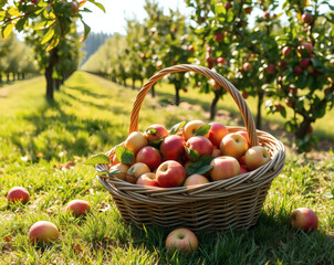 Harvesting sweet apples in a sunlit orchard during a vibrant autumn day filled with colors and freshness