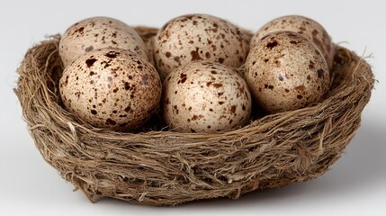 Obraz premium Spotted eggs nestled in a decorative bird's nest.