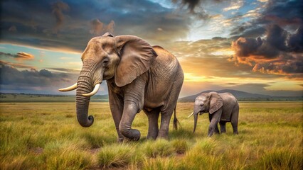 African elephants with large tusks and huge ears graze on the wild savannah, a magnificent sight for wildlife tourism in Kenya's national parks like Addo