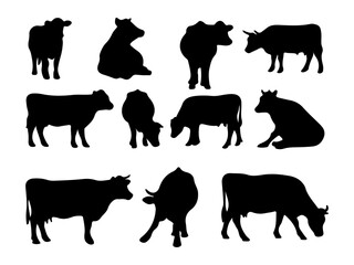 Collection of diverse cow silhouettes in various poses isolated on white background