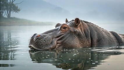 A huge hippopotamus, a large aquatic mammal, glides through the water, its head barely breaking the surface in the wild