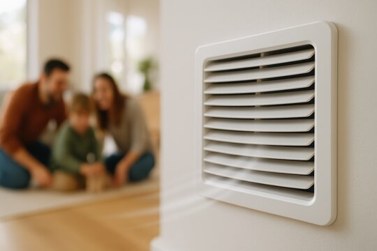 Close-up of a wall air vent emitting air in a modern living room where a family sits together in the background.