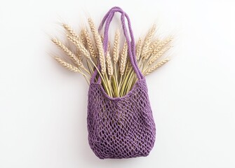 eco natural bag purple with straw, concept of farm food and natural eco-friendly products