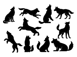 Collection of diverse wolf silhouettes in various dynamic poses isolated on white background silhouette