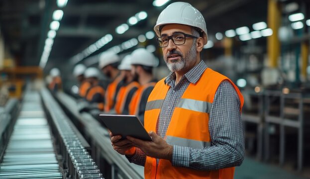 Experienced Factory Supervisor Monitors Production Line Performance with Tablet While Team Works Efficiently and Safely in Modern Manufacturing Facility - Powered by Adobe