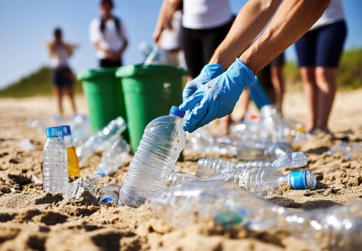 Community Efforts to Clean Up Ocean Plastic Waste on the Beach: A Group of Volunteers Collecting Bottles to Preserve Marine Life for Future Generations - Powered by Adobe