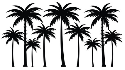 Set of 10 different tropical palm tree silhouettes isolated on white background